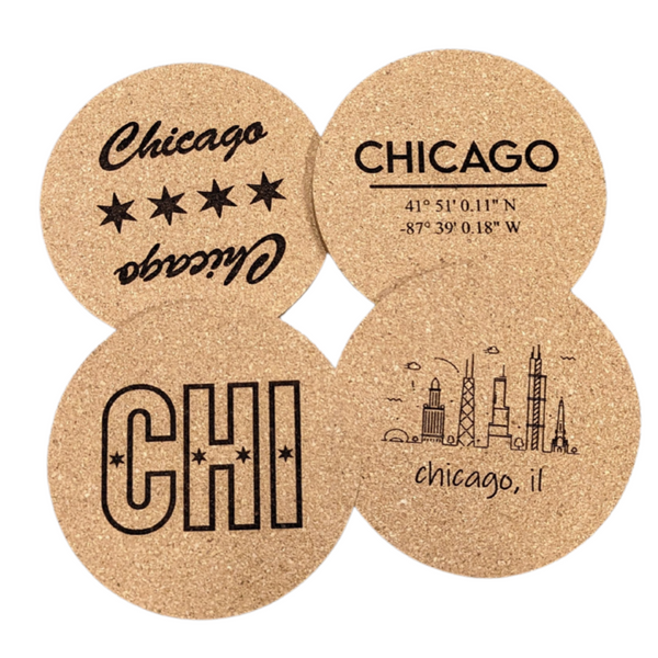 Chicago Cork Coaster Set - Windy City - Skyline - Flag