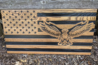 Carved Oak USA Flag - Flying Bald Eagle