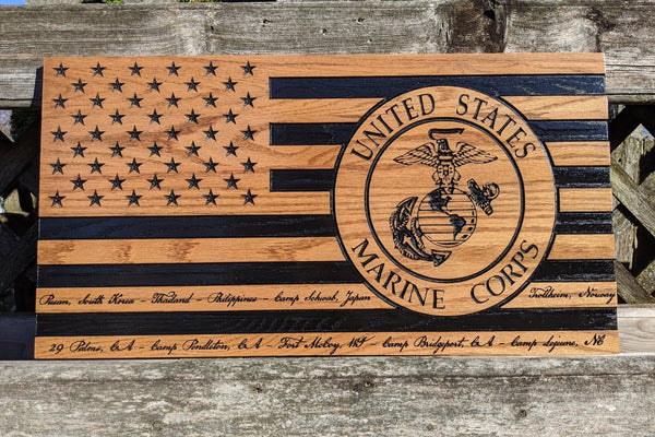Carved Oak USA Flag - Marines